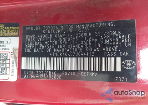 2007 Toyota Camry Le V6 from USA, damaged, VIN 4T1BK46K87U044412